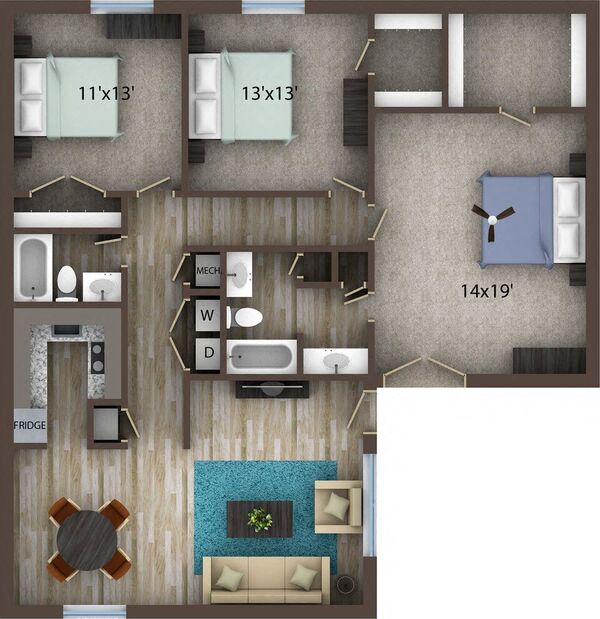 Floor plan for 3 beds, 2 baths, 1484 sqft